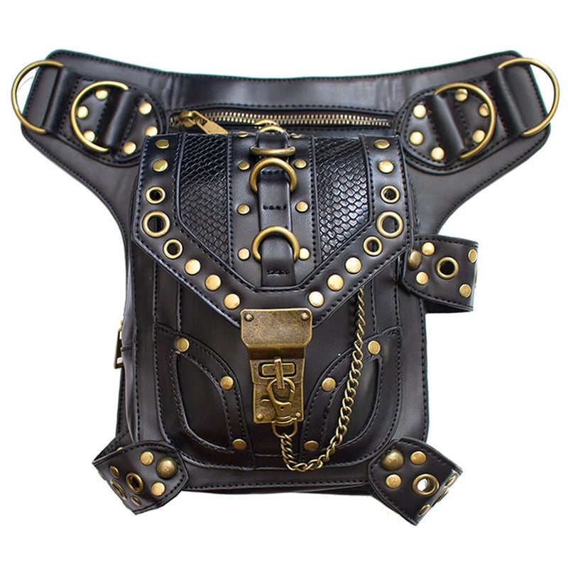 Valentoria Steampunk Crossbody Shoulder Bag Messenger Gothic Waist Fanny Pack Chain Drop Leg Hip Holster Belt Purse Pouch Black - Image 1